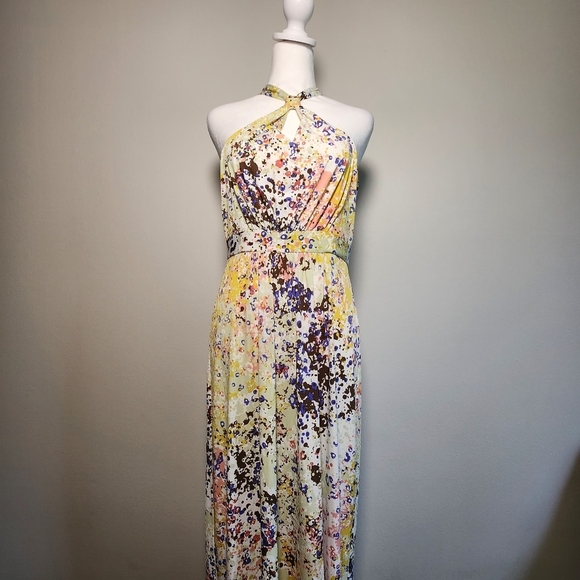 GUESS Multicolor Yellow Summer Halter Keyhole Neck Maxi Dress 6 - Picture 2 of 12